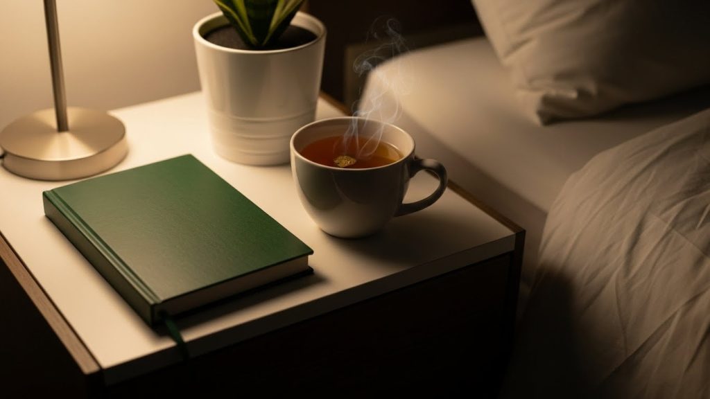 Bedside table with journal and tea in a calm nighttime setting, representing a mindful bedtime routine