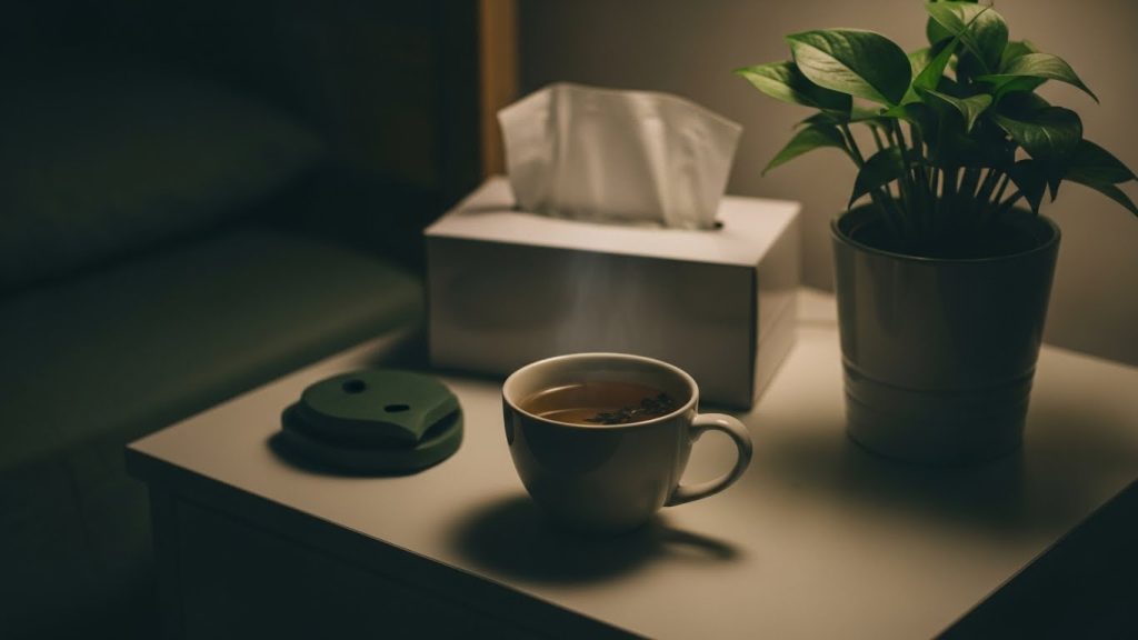 Bedside table with tea and tissues in a calm setting, representing rest during illness