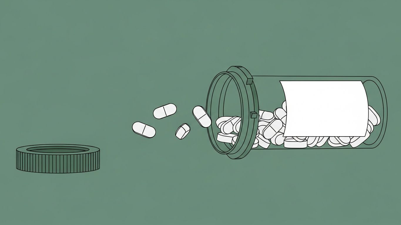 Gradual tapering of psychiatric medication illustrated with a pill bottle and reducing dosage over time