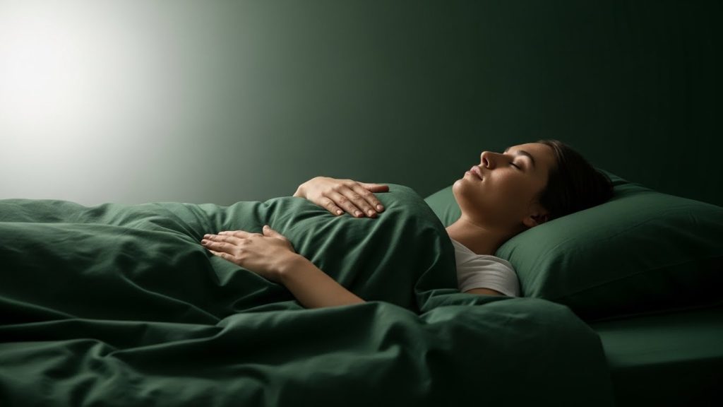 Person practicing slow breathing in bed, focusing on relaxation and nervous system calm