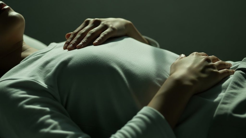 Person practicing slow breathing in bed to relax while sick