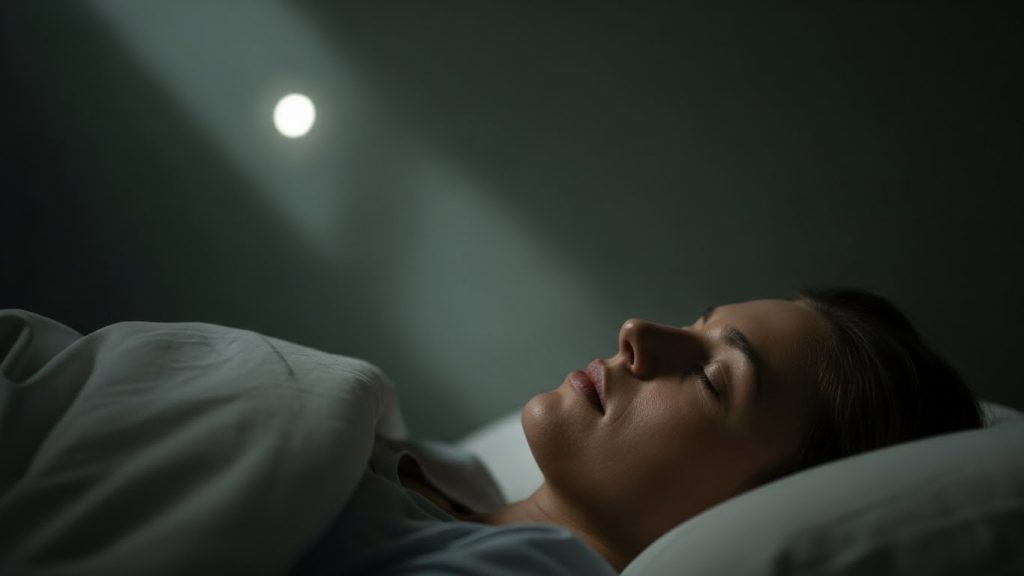 Person resting peacefully in bed at night in a calm dark green and white setting, representing sleep meditation and relaxation