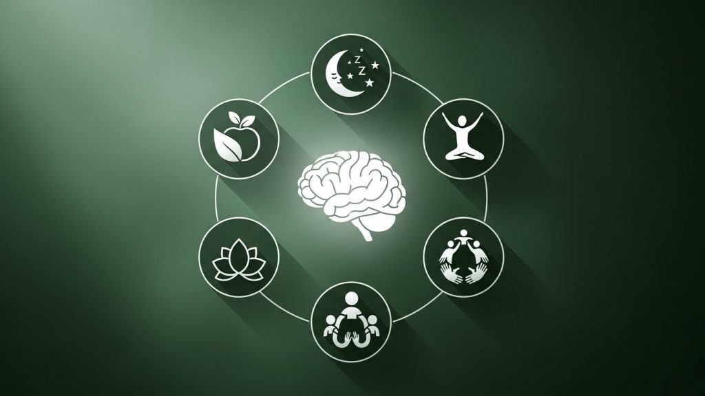 Wellness illustration showing sleep nutrition movement mindfulness and community supporting mental health
