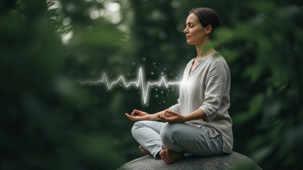 Person practicing slow breathing outdoors surrounded by greenery, representing breathwork and nervous system relaxation