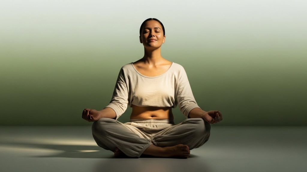 Calm person seated with eyes closed, gently focusing on body awareness and emotional connection in a natural green setting